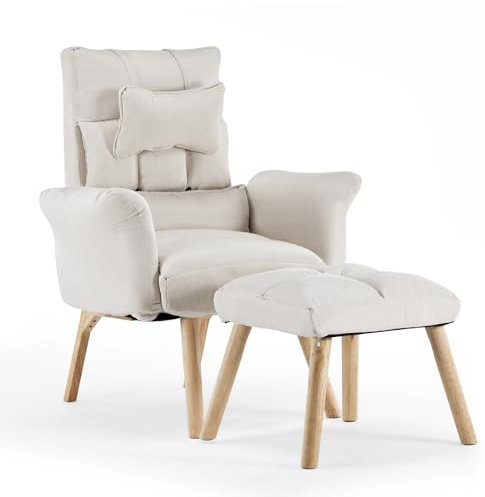 TUKAILAI Relaxsessel mit liegefunktion,Fernsehsessel,Polstersessel aus Baumwolle und Leinen,Sessel mit schlaffunktion,ohrensessel mit hocker,verstellbar Einzelliegesessel Wohnzimmer Heimkino,Creme