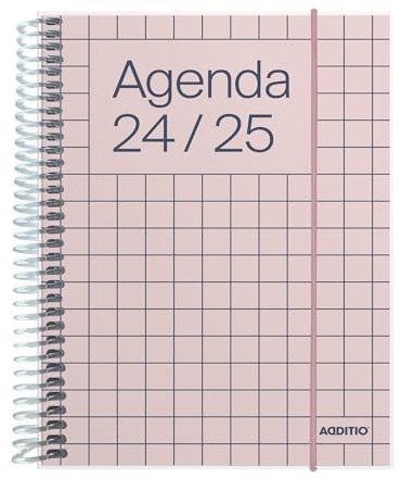 ADDITIO Schülerkalender 2024-25 | Universal | Tagesansicht | September 2024 bis August 2025 | 12,5 x 17 cm | Verschluss mit Gummiband | Stifthalter | Aufkleber | Spanisch | Pastellrosa
