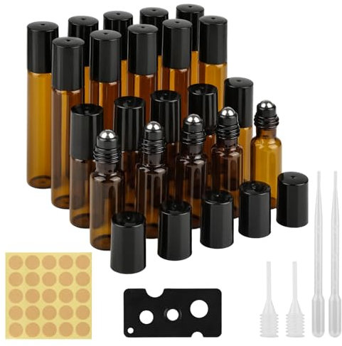 YONGQING 20 Pieces Roller Ball Bottles for Essential Oils - 5/10ml Brown Bottles for Perfumes, Cosmetics, Massages