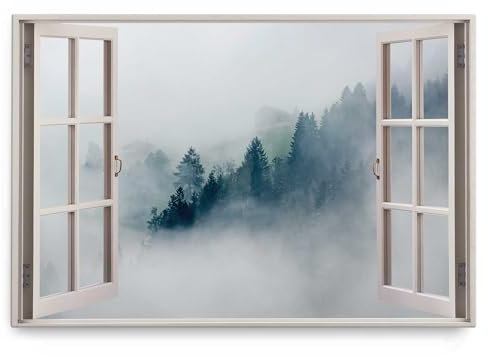 Paul Sinus Wandbild 120x80cm Fensterbild Tannenwald Nebel Tannen Bäume Morgentau