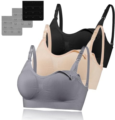 3 Pack Women's Nursing Bra, Seamless Wire-Free Nursing & Sleep Maternity Bras, Comfortable Night Nursing Bra with Removable Breast Pads & Extenders (M,Black/Skin Color/Gray)