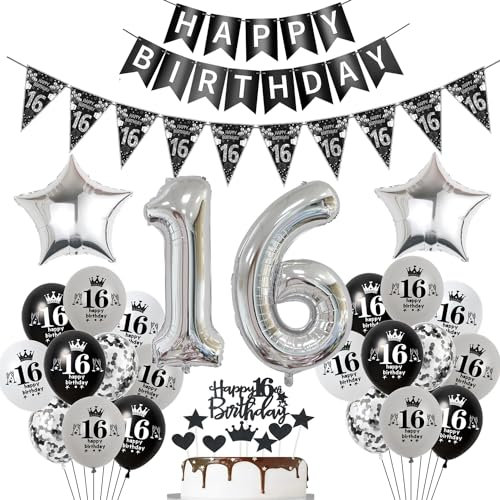 Luftballon 16. Geburtstag Dekoration Schwarz Tortendeko 16. Geburtstag Mädchen Junge Geburtstagsdeko 16 Jahre Junge Mädchen Schwarz Folienballon 16 Ballon 16
