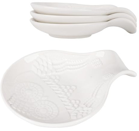 Katathani Ceramic Spoon Rest for Stove Top - Large Vintage Embossed Owl Shape Spoon Holder for Kitchen Counter，White Exquisite Coffee Spoon Rest, 4 Pack