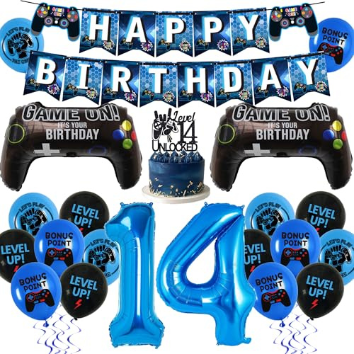 Lot de 38 décorations de fête de jeu vidéo bleu pour garçons – Bannière « Happy Birthday » en forme de numéro 14 – Ballon en aluminium – Décoration de gâteau pour garçons