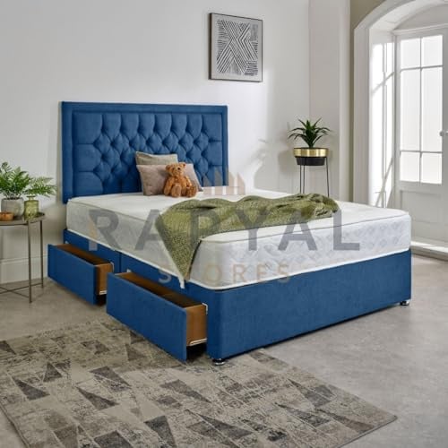 Hf4you Luxury Divan Bed Set in Plush with Chesterfield Bumper Headboard and Memory Sprung Mattress (Blue, 5ft, 2 Drawers Footend)