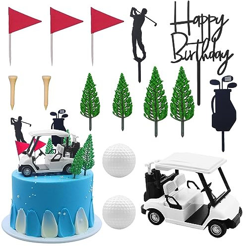 Morofme Golf Kuchen Dekorationen Golf Geburtstag Kuchen Toppers Mini Golf Cart Spielzeug Golf Thema Kuchen Dekorationen mit Cart Flagge Golf Ball grüner Baum für Golf Thema Party Supplies