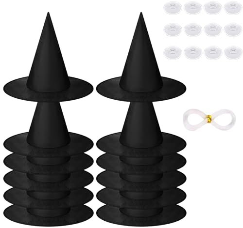 MEIRRAI 12er Hexenhut Hängend Schwarz Faltbare Hexen Deko für Halloween Party Hüte Kostüm Hexenhüte Zubehör, mit Transparente Angelschnur Klebehaken