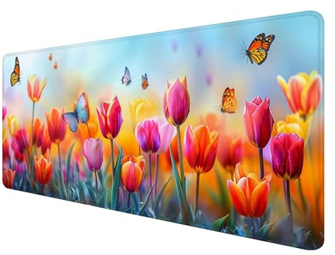 Tulip Mouse Pad 47.2 x 23.6inch, Extended Mouse Mat Large Non-Slip Desk Pad, Gaming Mouse Pad for Home Office Work, Butterfly Mouse Pad Large with Soft Smooth Surface, XXL Mouse Pad for Office X-2