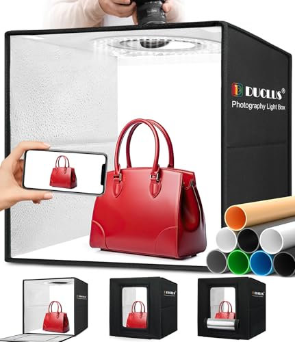DUCLUS Set Fotografico 40 x 40 cm la Light box Rinnovata da 18W, Kit Scatola Foto Potenziato con 160 LED a 5500K e Connessione Type C, 8 Sfondi Fotografici per la Fotografia di Prodotto
