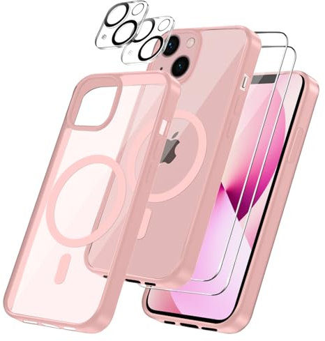Cover per iPhone 13 Compatibile con 2 vetri temperati e 2 vetri per fotocamera, Translucent Matte Slim Back PC+TPU Bumper Shockproof Compatible Magnetic Cover per iPhone 13 - Rosa chiaro