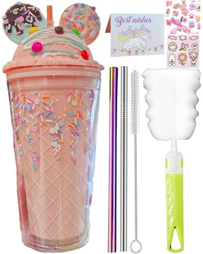 seelucky Gobelet de voyage licorne avec paille Tasse à boire chocolat glacé Tasse à café au lait Mug Tasse en plastique pour pique-nique fête cadeau d'anniversaire (oreille de biscuit crème glacée