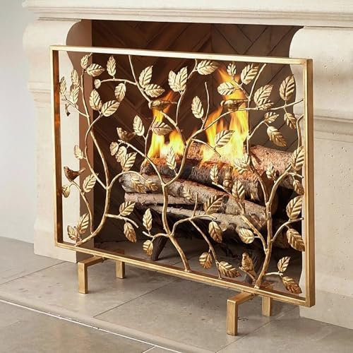 Salvachispas Chimenea Pantalla Protectora para Chimenea Dorada con Cubierta de Un Solo Panel, Barrera Independiente a Prueba de Fuego para Estufas Planas, Protector de Horno para Chimenea de Interior