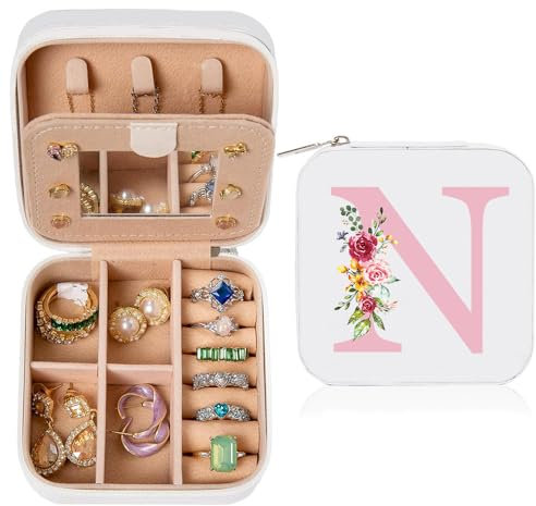 hamatata Kleine Schmuckkästchen für Damen, Tragbarer Reise Schmuckbox, PU Leder Mini Schmuckaufbewahrung für Ohrringe, Ringe, Halsketten, Hochzeit Geburtstag Geschenk für Frauen Mädchen, weiß(N)