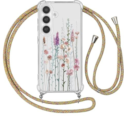 Ciciber Ttusy Handykette Hülle für Samsung Galaxy S25 mit Band, Durchsichtig Muster Blumen Case Weiches TPU Silikon Schutzhülle mit Kordel zum Umhängen Necklace HandyHülle für Samsung S25, 02