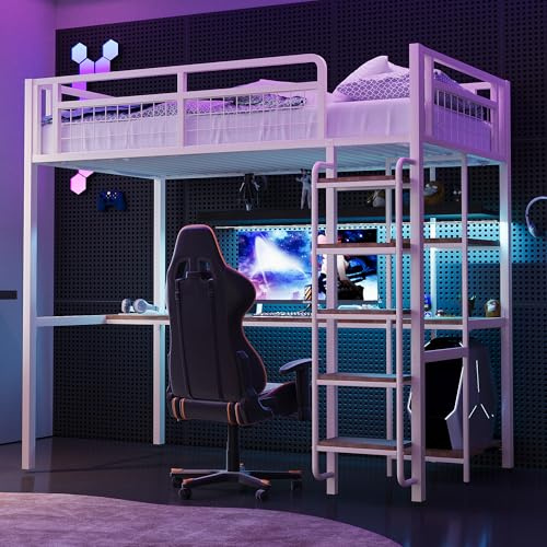 Kebnor Metall-Hochbett, Sicherheitsleiter mit Treppenstufen, Einzelbett, Kinderbett mit Tisch und Regalen, Metallgitter-Sicherheitszaun（Ohne Matratze） (Weiß, 90 * 200 cm)