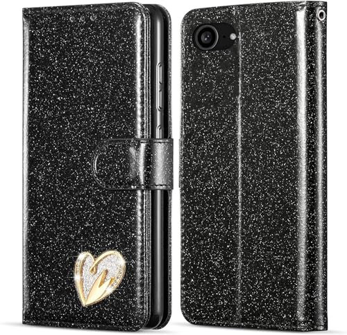 KP TECHNOLOGY Case for iPhone 16e, Premium Shiny Bling Glitter Loving Heart Book Flip Stand Wallet Card Phone Case for iPhone 16e (BLACK)