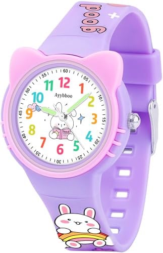 Ayybboo Kinderuhr Mädchen Jungen,Katzenohr Armbanduhr Kinder mit Cartoon-Silikonband,3ATM Wasserdicht Analoge Quarzwerk Lernuhr für 4-12 Jahre Pädagogisches Geschenk (Lila)