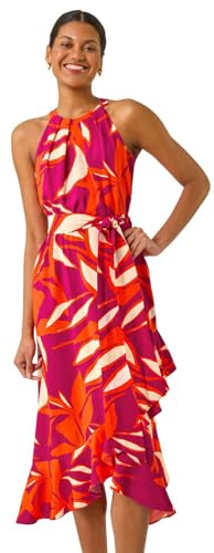 Roman Originals Floral Print Frill Wrap Midi Dress for Women UK - Ladies Everyday Holiday Spring Summer Halter Neckline Comfy Soft Evening Vacation Work Party - Cerise - Size 12