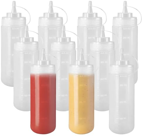 YKUKIZEE 10PCS Squeezy Sauce Bottle with Nozzle 350ML Clear Syrup Dispenser | 12 OZ, Reusable, Leakproof, Plastic, for Ketchup, Oil, Honey, Mustard Dressing, Salad Dressing, Condiment