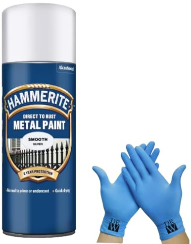 Hammerite Direct to Rust Metal Spray Paint Smooth Silver 400ml + Free Nitrile Gloves | Fast-Drying Aerosol, Long-Lasting Rust Protection for Indoor & Outdoor Metal (SILVER)