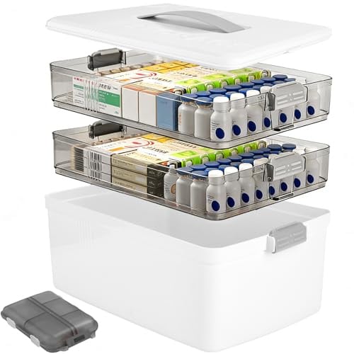 BBWELL Boîte de rangement de médicaments à 3 étages en plastique avec petite boîte à pilules, boîte à pharmacie avec poignée de transport, poignée et plateau amovible pour famille, bureau, école et