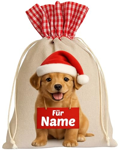Nikolaussäckchen/Weihnachtssäckchen 15x23 cm aus Leinen personalisiert mit Wunsch-Namen und weihnachtlichem Motiv Niedlicher Hund