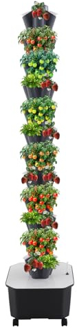 Hydroponic Tower 12-Etagen Pflanzturm mit Bewässerungssystem - 60 Pflanzen Löcher Mobiler Vertical Garden mit 4 Rollen - Hydrokultur Set für Indoor Gardening von Kräutern, Salat (Schwarz, Grau)