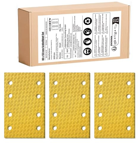 GEOGIEEW 120 Stück Schleifblatt Set, 133 x 80 mm Schleifpapier Klett Körnung P60/80/120/180/240/320, Schleifblätter Set Rechteckiges Schleifblatt Klett 8 Löcher Schleifpad für Schwingschleifer