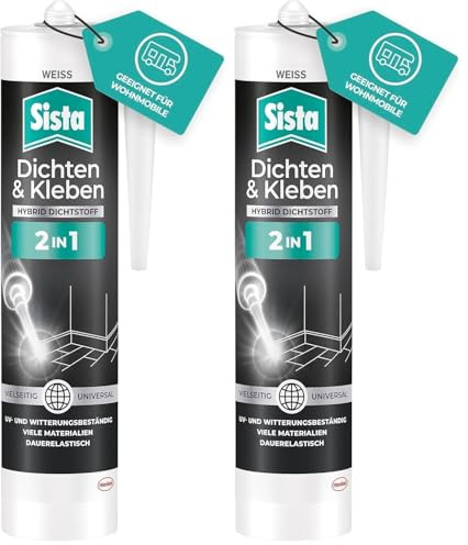 Sista Pattex Dichten & Kleben 2-in-1 Hybrid Dichtstoff, Klebstoff und Dichtmasse in einem, witterungsbeständige Fugenmasse, Dichtmasse für viele Materialien*, 1x280ml Kartusche, weiß (Packung mit 2)