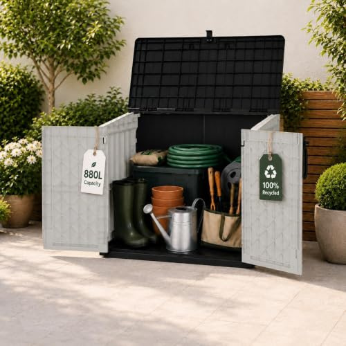 Olsen & Smith 880L Multi-Purpose Lockable Outdoor Storage Shed & Box | Lockable Handles + Base Lock, Double Doors + Lift Lid, Recyclable, Weatherproof, Bike & Tool Store, Holds 75kg, White/Black