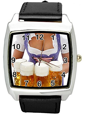 TAPORT® Oktoberfest Bier Quarz Uhr quadratisch schwarz Echtlederband