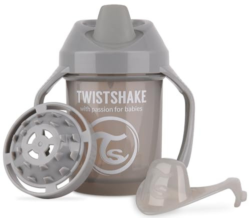 Twistshake Mini Cup – Gobelet Anti-Déversement 230 ml avec Bec Souple et Mélangeur de Fruits – Tasse de Sevrage Anti-Fuite pour Bébé – Sans BPA – Gris