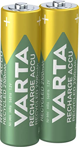 VARTA Batterien AA, wiederaufladbar, 2 Stück, Recharge Accu Recycled, Akku, 2100 mAh Ni-MH, aus 21% recyceltem Material, vorgeladen, sofort einsatzbereit