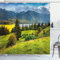ABAKUHAUS Landschaft Duschvorhang, Sommer-Morgen-See, Stoffliches Gewebe Badezimmerdekorationsset mit Haken, 175 x 240 cm, Grün Blau Gelb