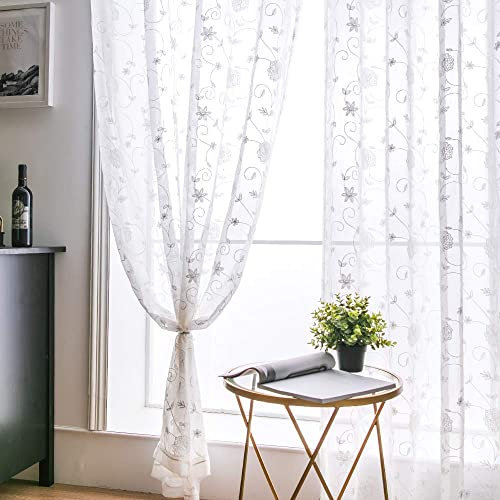 MIULEE Vorhänge mit Blumen Stickerei Muster, Gardinen Weiß für Wohnzimmer, Schlafzimmer Vorhang Transparent mit Ösen, 2er Set Voile Durchsichtig Vorhänge, Jeder H 260 X B 140cm
