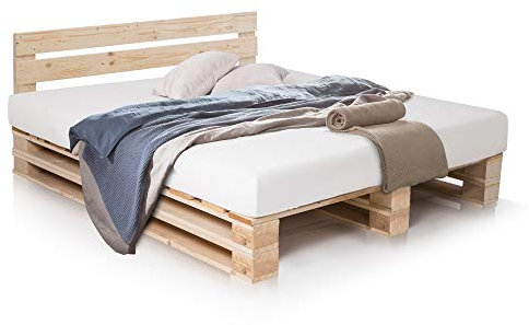 PALETTI Palettenbett inklusive Kopfteil Massivholzbett Holzbett Bett aus Paletten mit 11 Leisten, Palettenmöbel, 180 x 200 cm, Fichte Natur