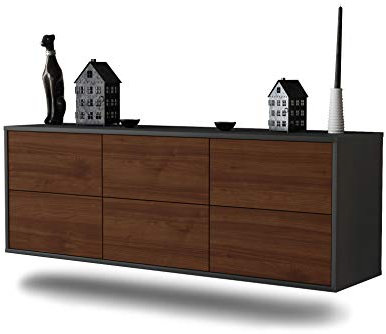 Dekati Lowboard Washington D. C. hängend (136x47x35cm) Korpus anthrazit matt - Front Holz-Design Walnuss - Push to Open - hochwertige Leichtlaufschienen