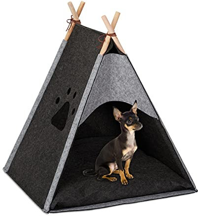 Relaxdays Hundezelt, Haustiertipi für kleine Hunde & Katzen, Filz & Holz, mit Kissen, 70,5 x 59,5 x 59 cm, dunkelgrau, 1 Stück