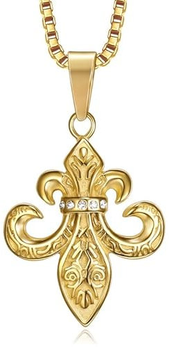 BOBIJOO Jewelry - Pendentif Argenté Fleur de Lys Patriote templier Royaliste Acier Or Doré Plaqué Strass Chaîne