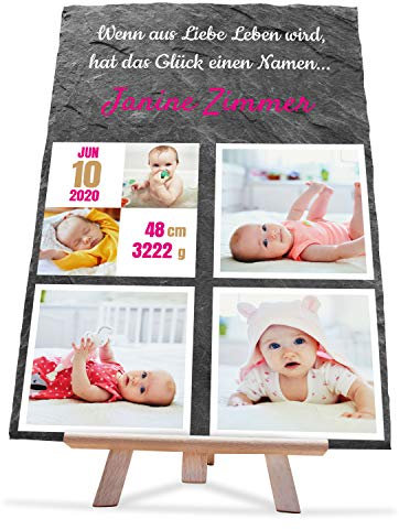 wandmotiv24 Personalisierbare Schiefertafel als Geschenk zur Geburt, 20 x 30 cm, Staffelei, 5 Fotos & Geburtsdaten, Erstausstattung Baby-Zimmer, Geschenke für Eltern, Schwangerschaft, Mädchen M0409