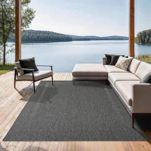 the carpet Mistra - robuster Teppich, modern, langlebig und pflegeleicht, In- und Outdoor, Wohnzimmer, ideal für Küche, Flur und Wintergarten, flachgewebt, Bordüre, Anthrazit, 80 x 150 cm