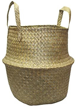 Muddy Hands Seagrass Belly Basket with Handles Natural Woven Foldable Laundry Storage Bag Planter Plant Pot Cover Holder (Small - 20x23cm)