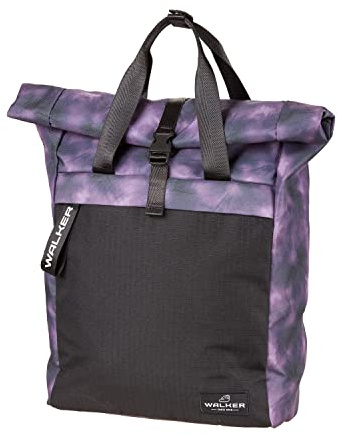 Walker Rucksack RollTop Batik Violett mit Hauptfach, LaptopFach, Seitentasche, RückenPolsterung, SchnallenVerschluss, wasserabweisend, Backpack für Schule, Uni, Büro und Freizeit