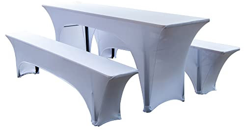 Tenger Home Elastische Hussen für Bierzeltgarnitur Biertischhussen Bierbank-Auflage & Tischdecke für 70cm 3 TLG-Set Breite Stretch Hussen für Festzeltgarnituren Bierbank (für 70 cm Tisch, Weiß)