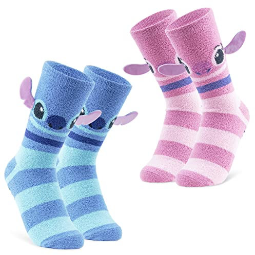 Disney Chaussettes Femme, Lot 2 Paires Chaussettes Antidérapantes Stitch et Angel (Rosa/Bleu Rayures)