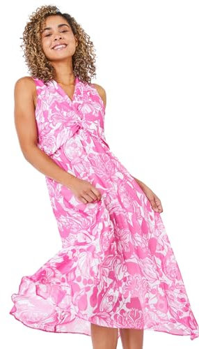 Roman Originals Women Petite Contrast Floral Print Hanky Hem Dress - Ladies Spring Everyday Summer Holiday V-Neckline Comfy Sleeveless Soft Vacation Chiffon - Pink - Size 16