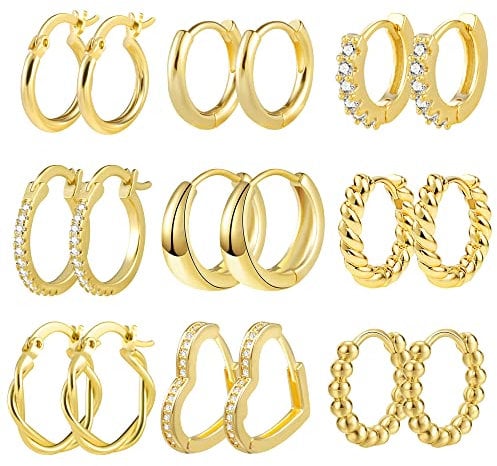 ALEXCRAFT Gold Hoop Earrings Set, 9 Pairs Multipack Small Gold Hoop Earrings for Women, 14k Real Gold Plated Hoops Earring with AAA+ Cubic Zirconia Twist Heart Hypoallergenic Piercing Cartilage Hoops