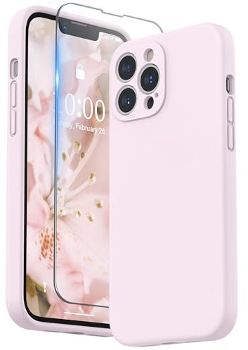 SURPHY Compatible with iPhone 13 Pro Max Case with Screen Protector, Liquid Silicone Protection for Each Lens Shockproof Thickened Rubber Cover for iPhone 13 Pro Max 6.7 inch 2021, Chalk Pink