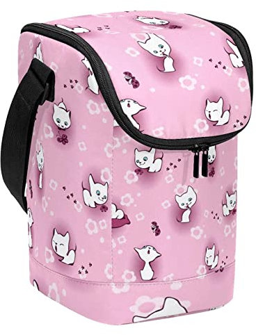 MUOOUM Lonchera reutilizable con diseño de gatito blanco en flores, lonchera vertical grande con correa ajustable para el hombro