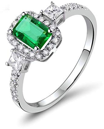 Lieson 18K Weißgold Ringe Damen, Ehering Frauen 0.65ct Rechteckig Smaragd mit 0.34ct Diamant Hochzeit Ringe Weißgold Große 54 (17.2)